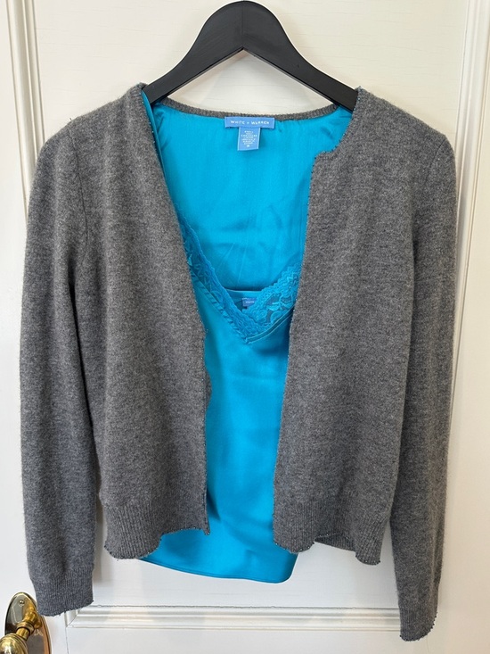 White + Warren Sweaters - White + Warren Gray Cashmere Open Cardigan w/silk camisole SZ S